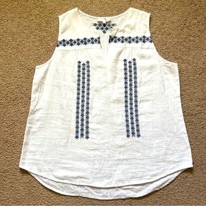 KENAR Blouse Tank Top Embroidered White Blue  Sleeveless Linen Women's Size L